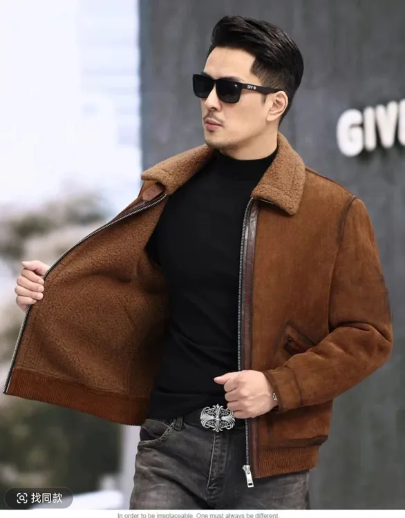 2025119-1新款秋冬时尚商务男士保暖机车夹克加绒休闲羊毛外套