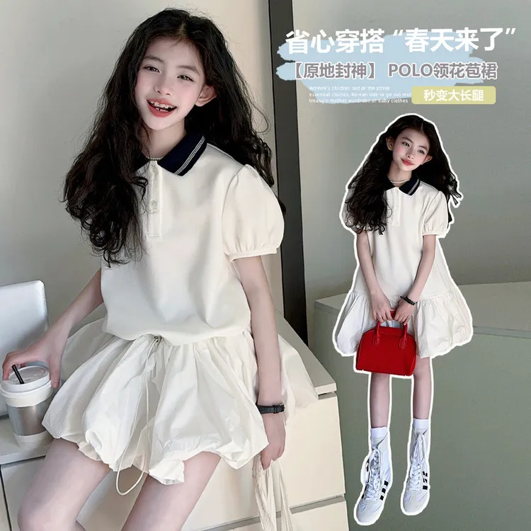 童裙夏季学院风花苞裙韩系女童蓬蓬裙中大儿童POLO领短袖连衣裙潮