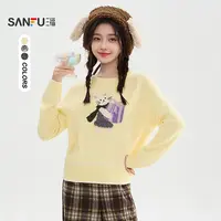 三福毛衣2025冬季礼物小猫图案圆领休闲宽松上衣女装510502
