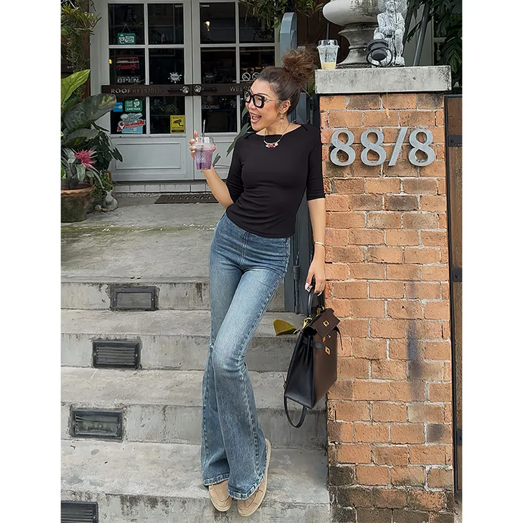 （小溪家）超模裤高腰水洗牛仔裤弹力微喇叭显瘦显腿长修身百搭裤子
