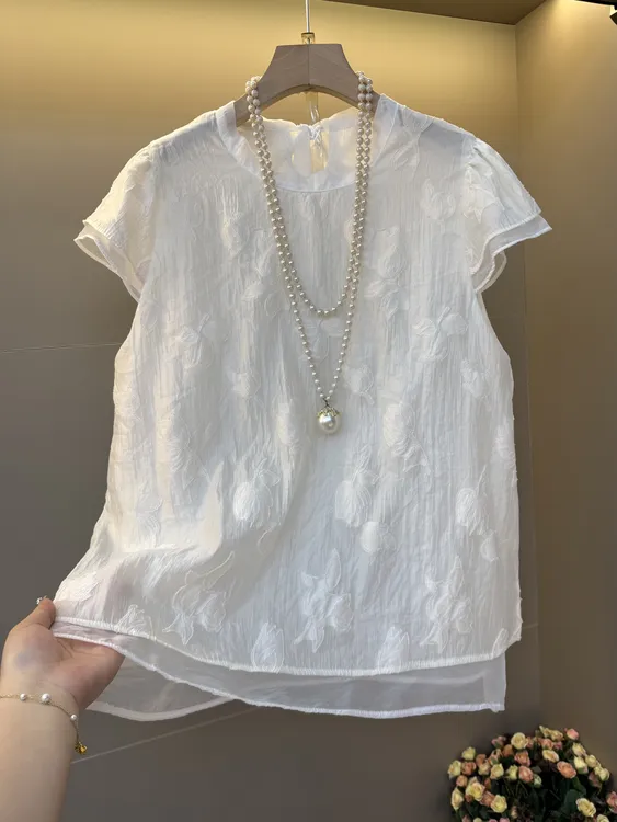 新中式国风重工刺绣郁金香后背系带花苞袖春不晚系列精致小衫5269