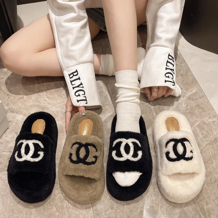 毛毛鞋拼色拖鞋圆头保暖一字拖韩版增高坡跟百搭