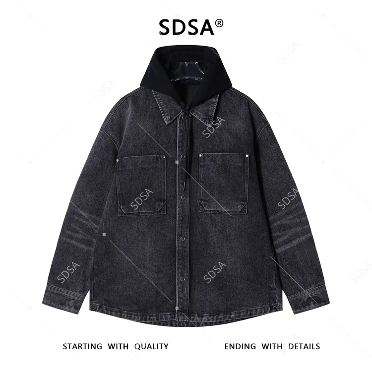 SDSA男士秋冬新款痞帅男装简欧风宽松拼接连帽牛仔衬衫百搭时尚