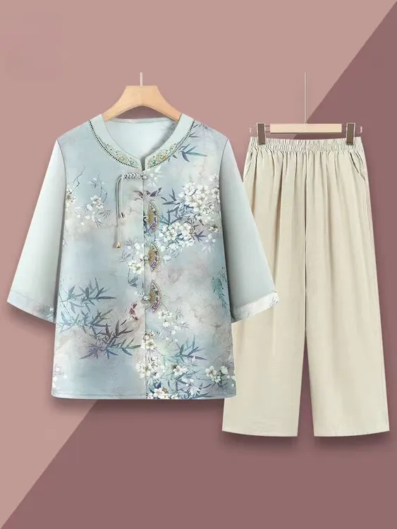 老年人夏季国风衬衫女奶奶七分袖上衣中老年妈妈开衫宽松老人衣服