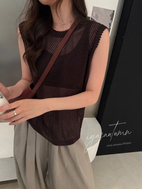 和纸纱无袖上衣早秋镂空罩衫女装纯色毛针织衫百搭复古设计感坎肩