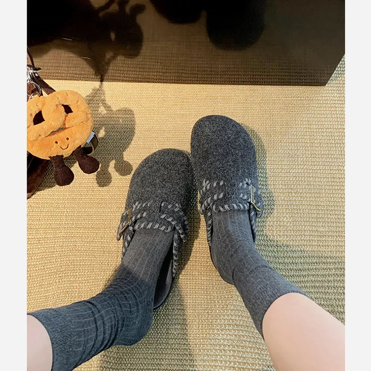 羊皮版~保暖扣带厚底毛呢勃肯毛毛鞋包头拖鞋外穿女2025新款秋冬