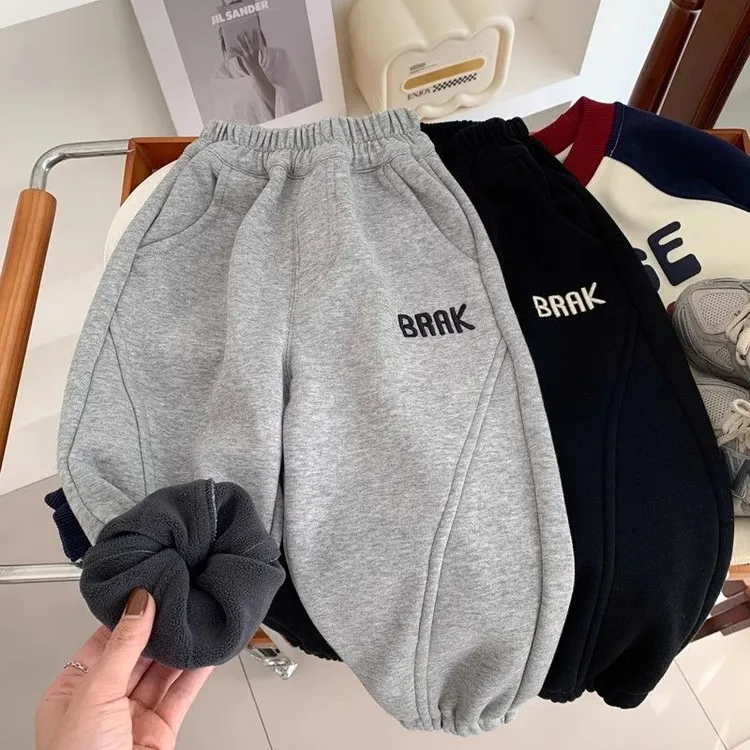 男童冬季一体绒卫裤2025新款儿童加绒加厚休闲长裤中小童宽松裤子