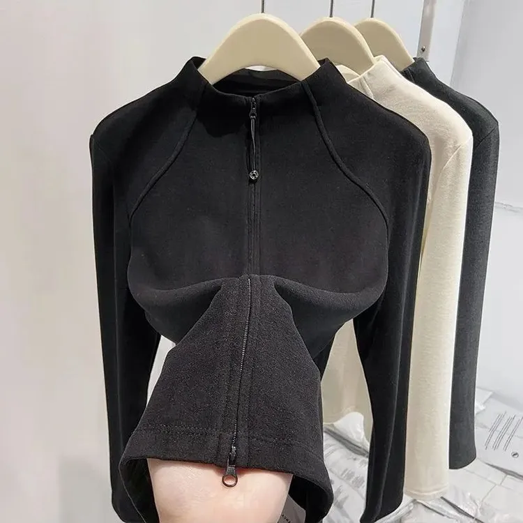 半高领德绒秋冬打底衫女秋季新款双拉链开衫外套修身卫衣内搭黑色
