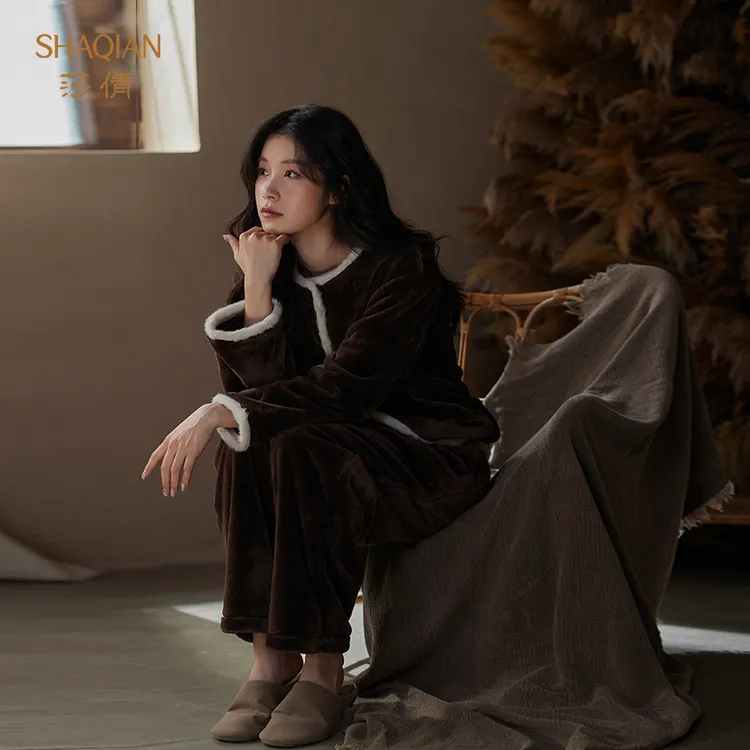 莎倩秋冬季新款珊瑚绒保暖睡衣女士高级感加厚贵妃绒可外穿家居服