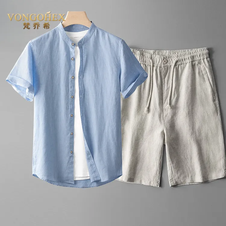 VONGOHEX亚麻短袖套装男夏季薄款休闲套装透气棉麻宽松短裤两件套