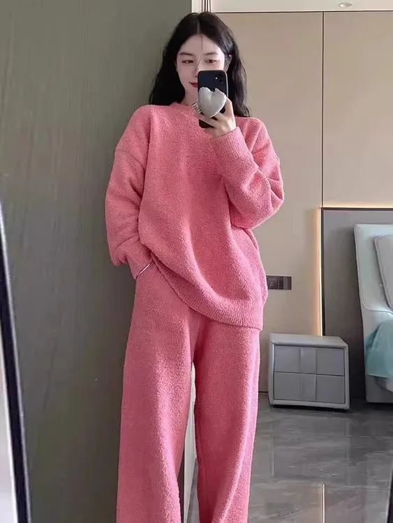 高级感纯色半边绒睡衣女款冬季甜美加厚针织保暖家居服套装可外穿