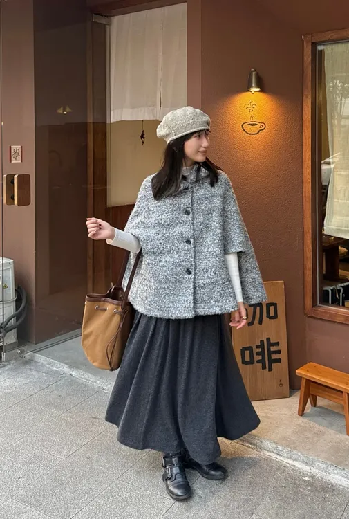 withU 灰色高圆领斗篷披肩上衣显瘦百搭加厚开衫毛呢外套2303浪