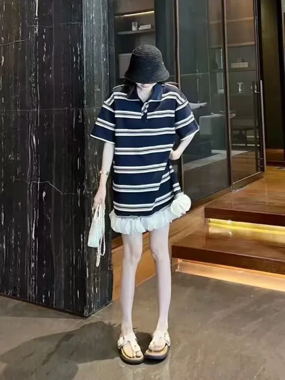 慵懒风夏季休闲通勤拼接蕾丝边撞色翻领条纹短袖胖MM连衣裙