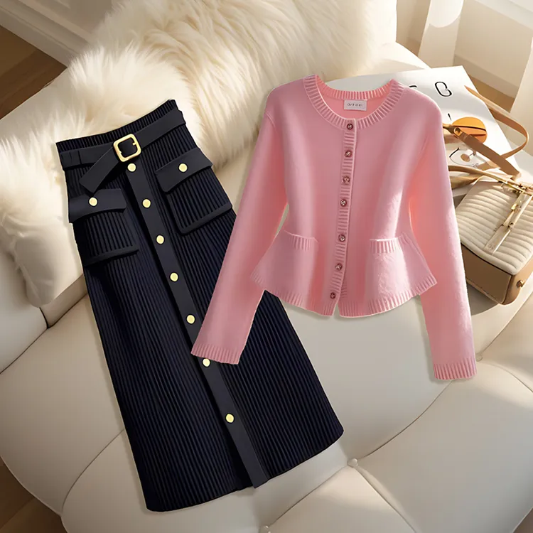 秋季2025新款小香风气质名媛粉色针织上衣外套高腰a字半身裙套装