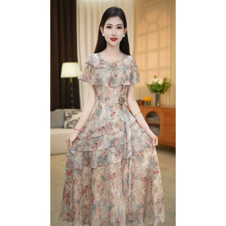 【连衣裙】夏季新款圆领时尚减龄修身显瘦通勤中长款连衣裙