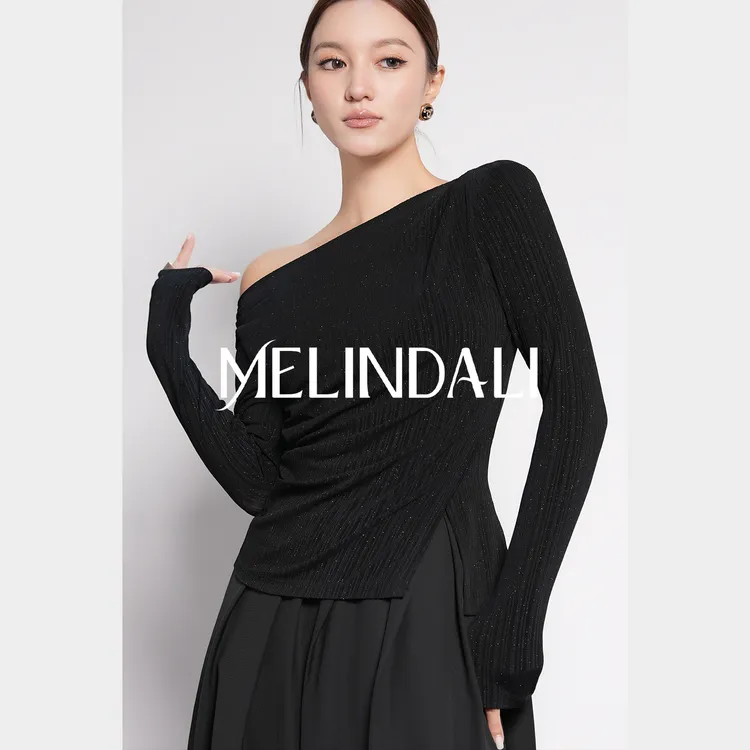 Melinda Li【瘦瘦针织】重磅醋酸前后两穿斜领修身长袖上衣针织T秋