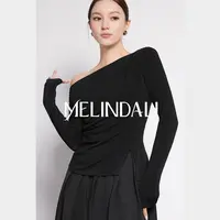 Melinda Li【瘦瘦针织】重磅醋酸前后两穿斜领修身长袖上衣针织T秋