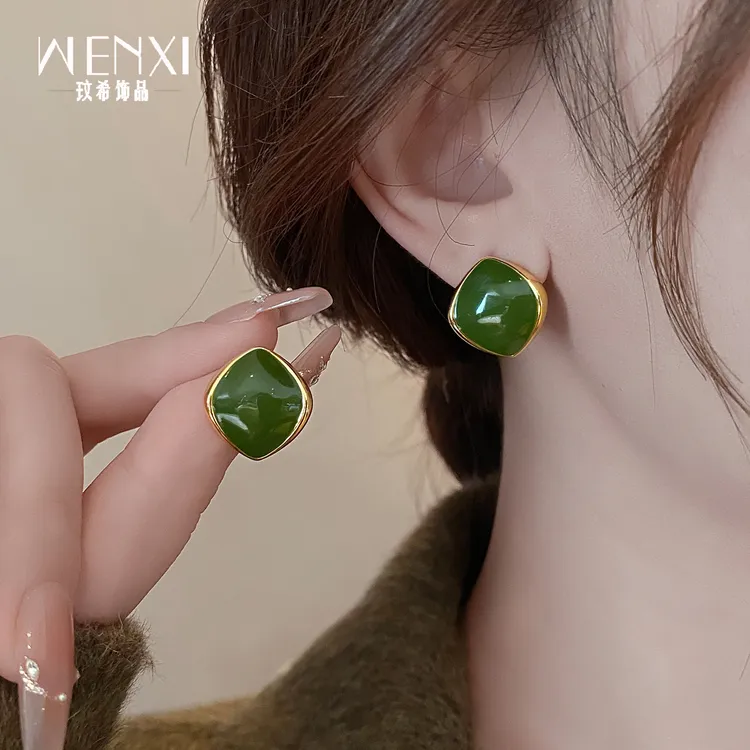 铜合金珐琅耳饰 独特方块绿色耳环2025新款爆款女人味秋冬耳钉