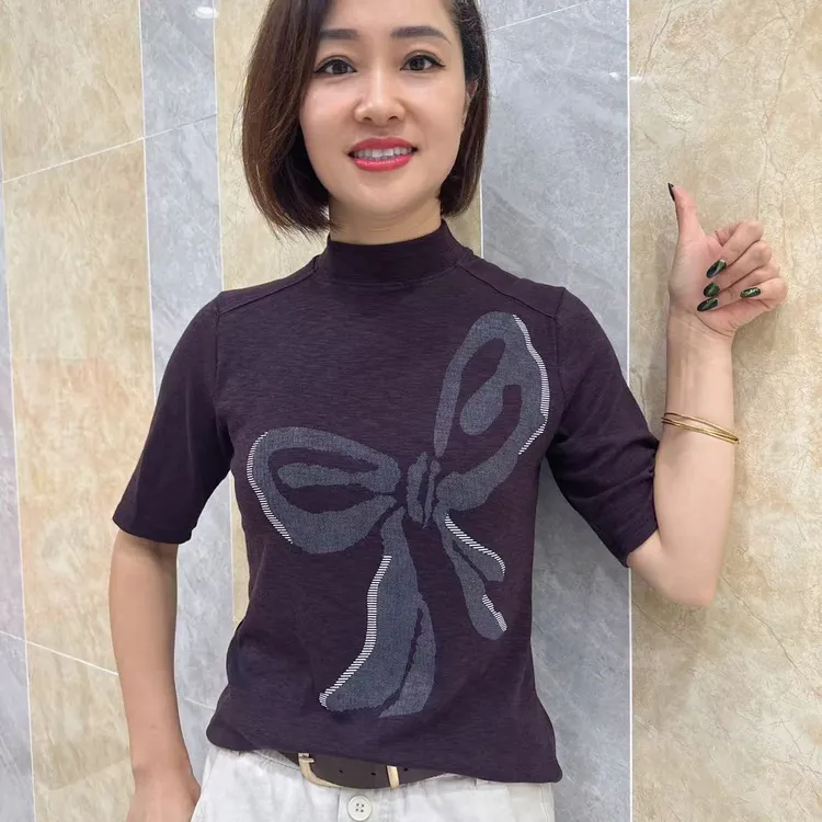 2025早秋女士新款简约休闲百搭修身显瘦半高领中袖印花洋气T恤