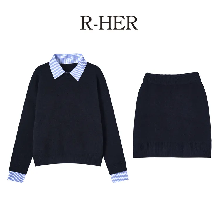 R-HER【法式套装】针织衫法式复古外搭拼接设计感毛衣短裙简约套装