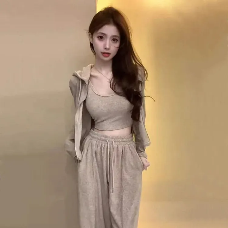 春秋时尚短款套装女韩版休闲网红洋气运动显瘦宽松长袖连帽三件套