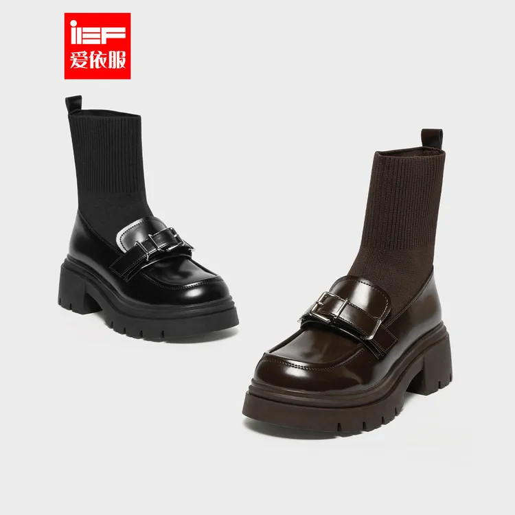 IEF/爱依服时尚女鞋2025秋冬新款弹力瘦瘦靴厚底增高乐福短靴