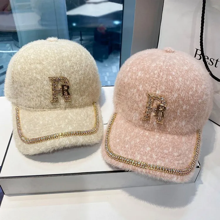帽子女士秋冬季洋气高档棒球帽水钻减龄鸭舌帽韩版时尚毛绒保暖帽