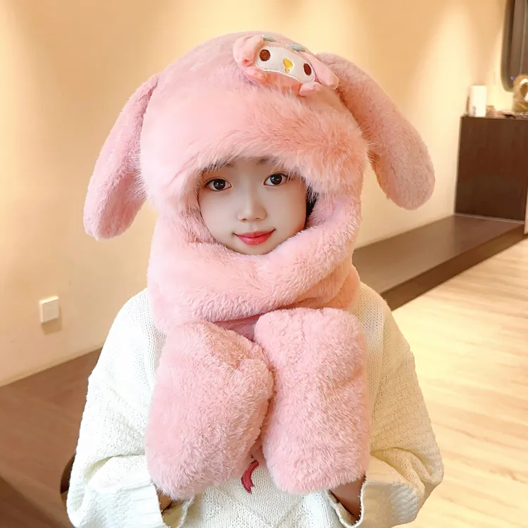 可爱兔耳朵会动儿童三件套围巾帽子手套一体加厚保暖毛绒护耳帽潮