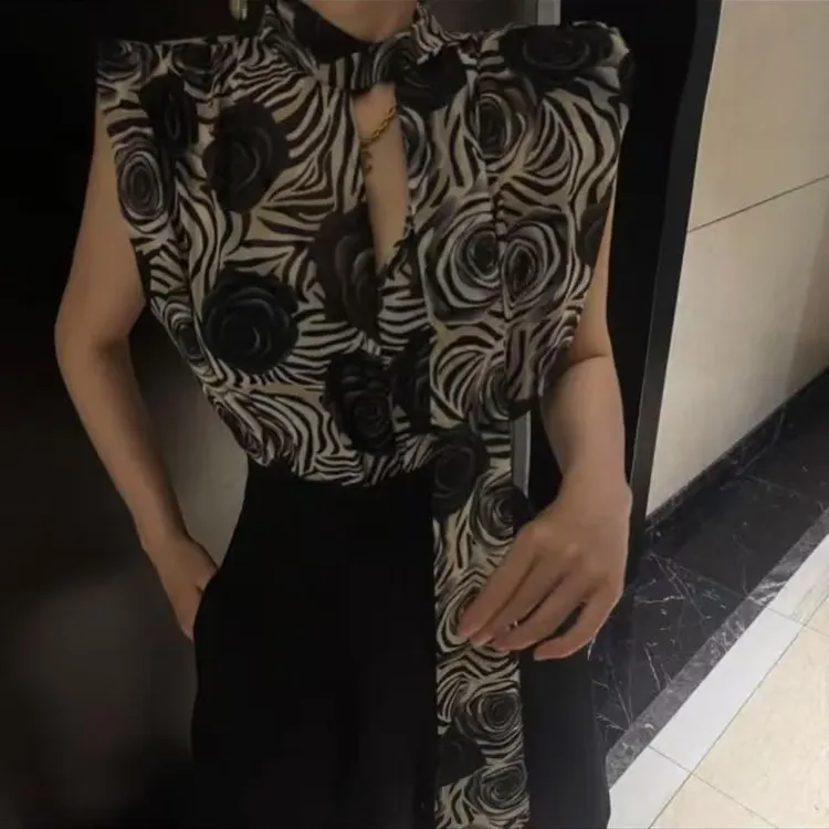 复古风无袖印花衬衫女荷叶飘带设计夏季新款清新系带雪纺衫女上衣