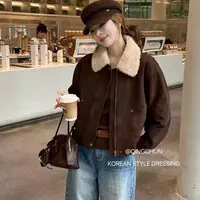 1036 羊羔毛翻领拼接鹿皮绒外套女欧货新款短款上衣女