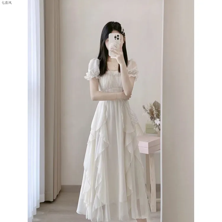 温柔显瘦甜美方领高腰纯色公主裙夏季新款雪纺长裙连衣裙