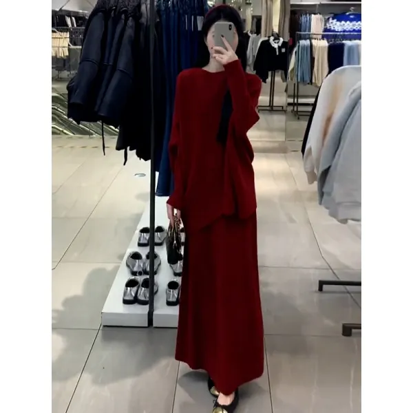 时尚套装裙女2026冬季新款洋气不规则蝙蝠袖针织毛衣半身裙两件套