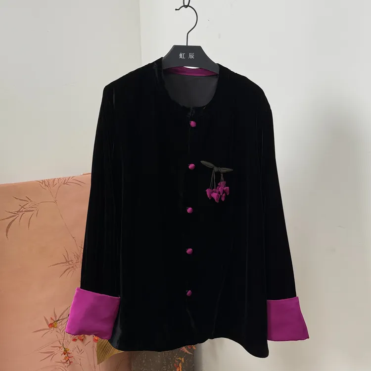 大码真丝丝绒拼接撞色外套【玫红色胸针】