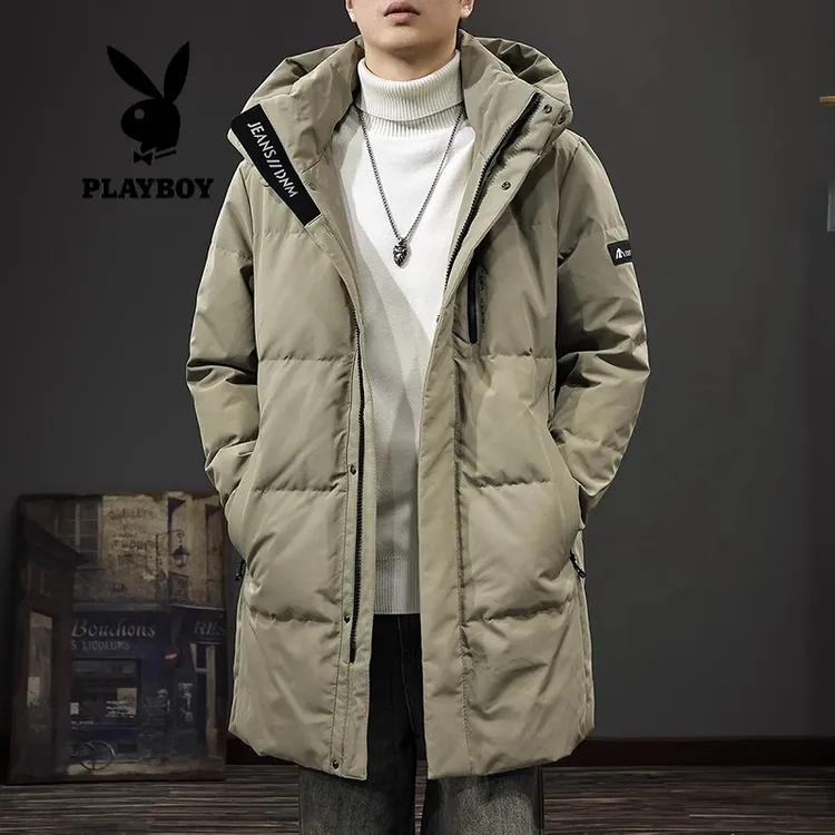 PLAYBOY/花花公子冬季新款保暖羽绒服男可脱卸帽中长款宽松鸭绒