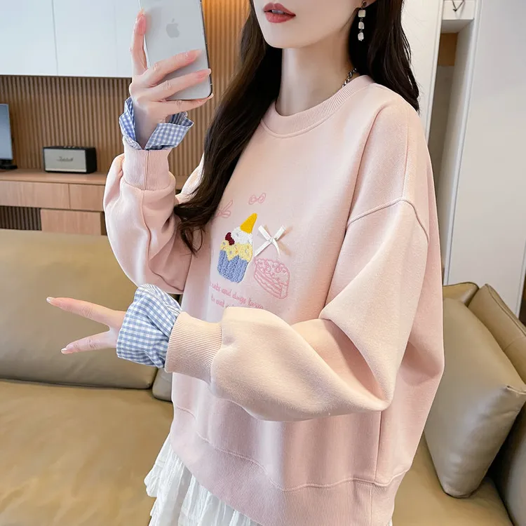 衬衫拼接假两件卫衣女2025新款春秋韩版宽松薄款刺绣学生上衣外套