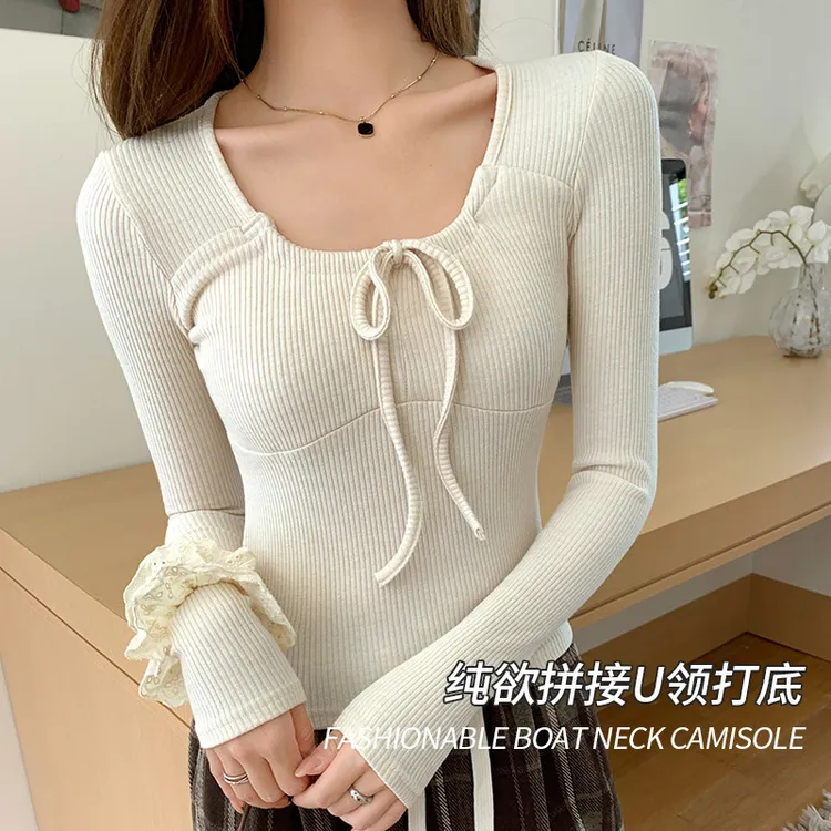 蝴蝶结螺纹针织打底衫女秋冬季正肩领修身内搭长袖上衣