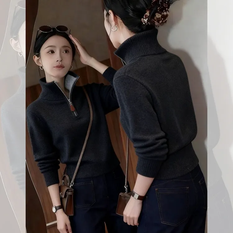 深灰色半拉链立领针织衫毛衣女款2025新款深冬独特超好看内搭上衣