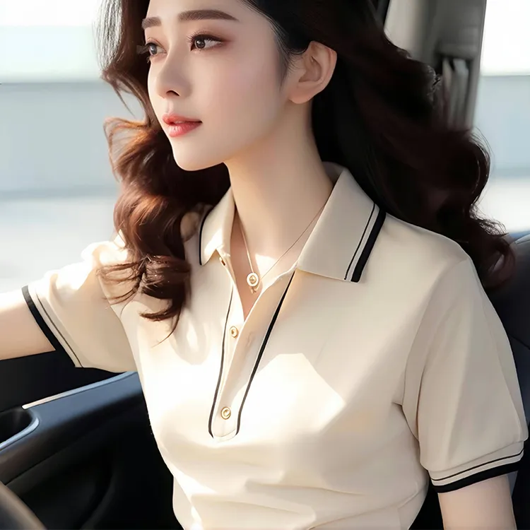 白色Polo领短袖T恤女新款早春洋气独特别致绝美高端轻奢上衣夏