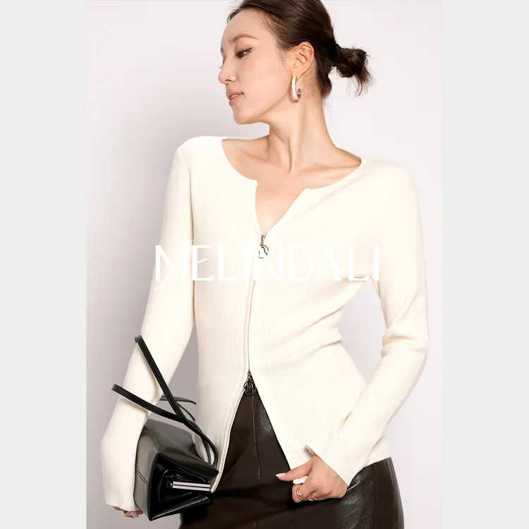 Melinda Li【奶油双拉链】梦颖私服绵羊毛修身显瘦气质针织开衫上衣