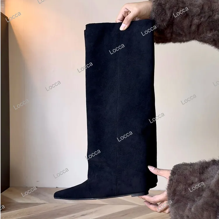 欧美风尖头褶皱坡跟时装靴2025年秋冬必备新款DX