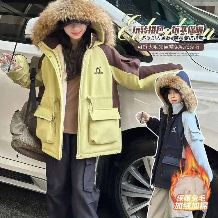 【丫丫童品】纯色加绒加厚款韩版厚款工装棉服时尚派克服-GDFW1088