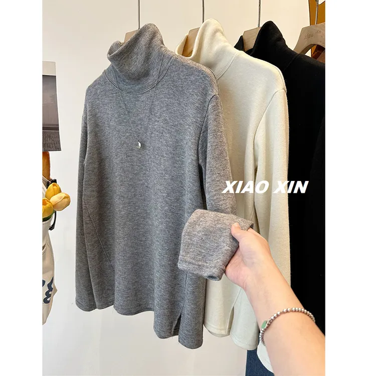 胖妹妹240斤大码开叉设计感高领磨毛长袖打底衫女秋冬显瘦T恤上衣