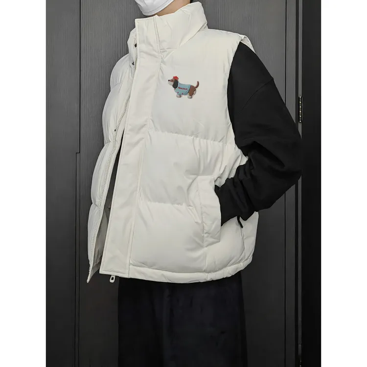 美式趣味小狗印花立领马甲棉服男冬季百搭休闲风通勤情侣无袖马夹