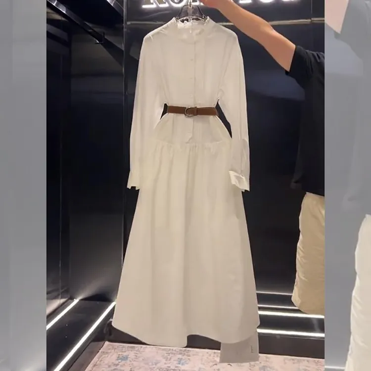 法式白色长袖衬衫连衣裙女2025年秋季新款轻奢高级微胖夏季沙滩裙