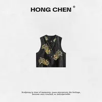 【虹辰·金凤凰香云纱】高端时尚桑蚕丝优雅金片凤凰刺绣马夹-HC2370