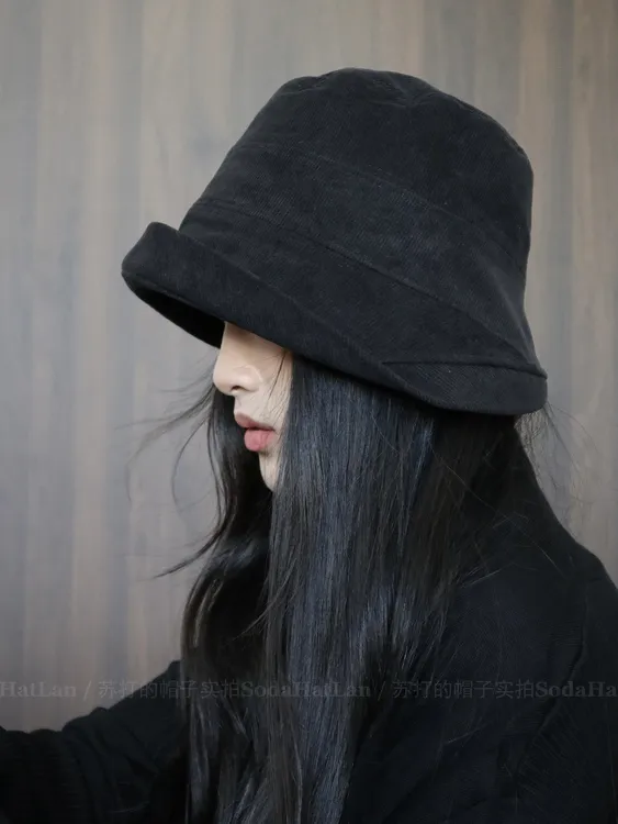 黑武士风 细灯芯绒渔夫帽女秋冬大头围显脸小的素颜遮脸帽灯罩帽