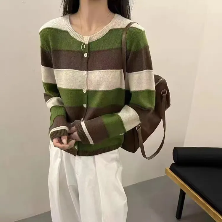 HMY50918072025新款撞色宽条纹圆领开衫毛衣网红洋气炸街女装