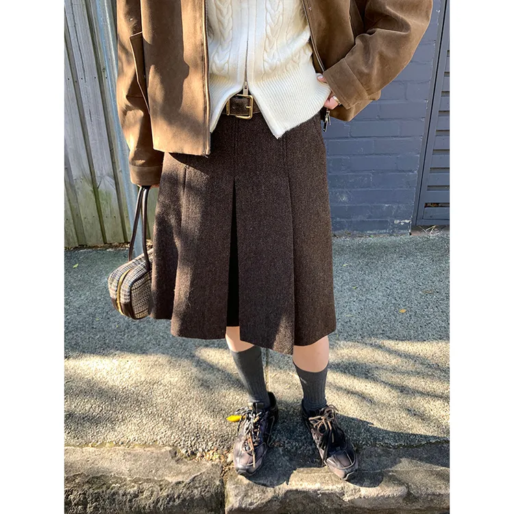 美拉德棕咖毛呢百褶半身裙女秋冬新款高腰显瘦工字压褶a字中长裙