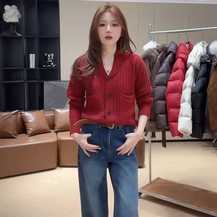 时尚针织V领开衫女2025冬季新款洋气显瘦韩系打底麻花毛衣短外套