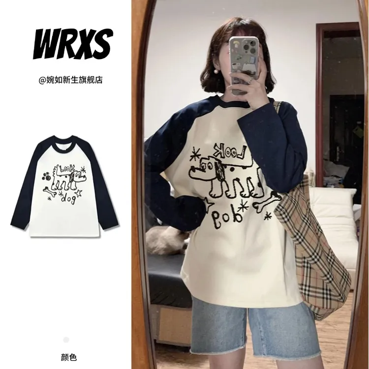 【婉如新生】美式复古可爱小狗拼色插肩女纯棉长袖T恤早秋新款上衣